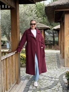 Bordo Oversize kuşaklı kaşe Kaban