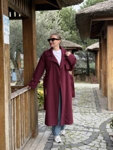 Bordo Oversize kuşaklı kaşe Kaban