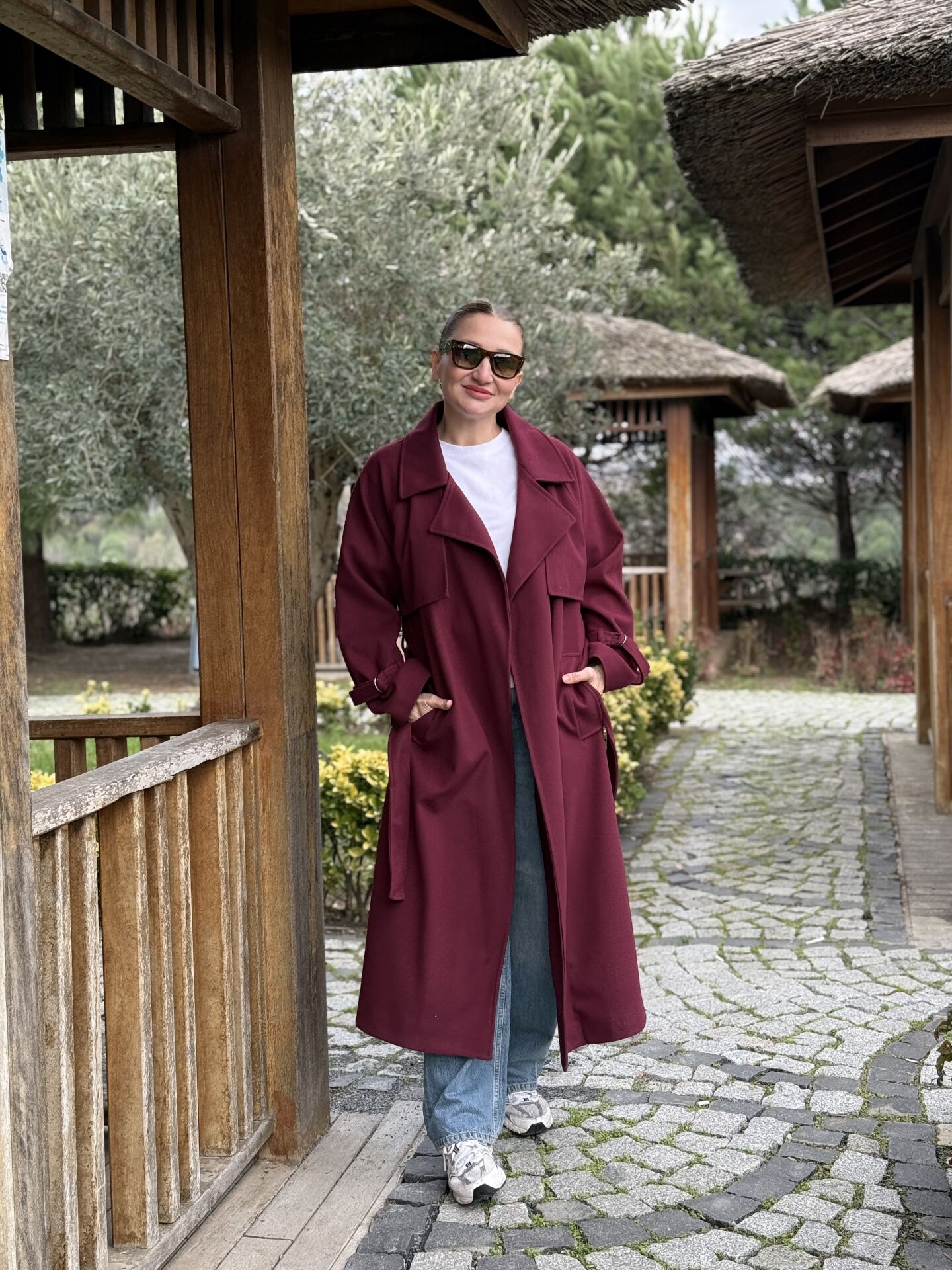 Bordo Oversize kuşaklı kaşe Kaban