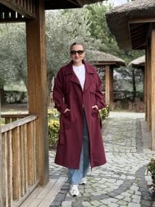 Bordo Oversize kuşaklı kaşe Kaban
