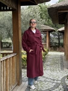 Bordo Oversize kuşaklı kaşe Kaban