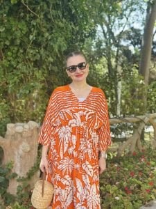 Belden büzmeli viskon elbise turuncu