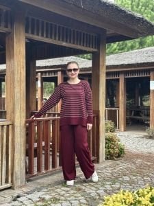 Bordo çizgili triko takım