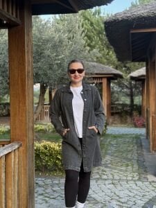 Gömlek yaka Uzun kot ceket Gri