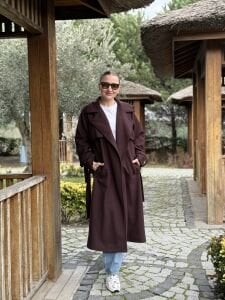 Mürdüm-Kahve Oversize kuşaklı kaşe Kaban