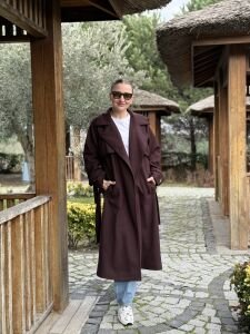 Mürdüm-Kahve Oversize kuşaklı kaşe Kaban