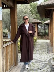 Mürdüm-Kahve Oversize kuşaklı kaşe Kaban