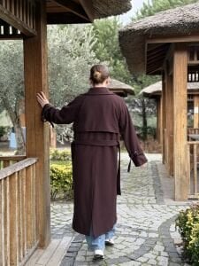 Mürdüm-Kahve Oversize kuşaklı kaşe Kaban