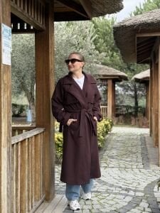 Mürdüm-Kahve Oversize kuşaklı kaşe Kaban