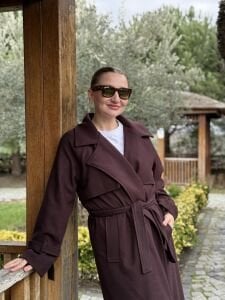 Mürdüm-Kahve Oversize kuşaklı kaşe Kaban