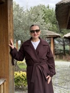 Mürdüm-Kahve Oversize kuşaklı kaşe Kaban