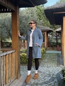 Gömlek yaka Uzun kot ceket mavi