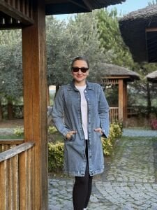 Gömlek yaka Uzun kot ceket mavi