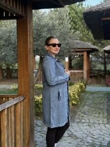 Gömlek yaka Uzun kot ceket mavi