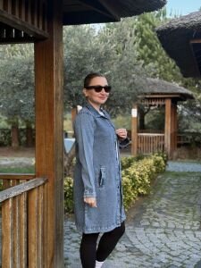 Gömlek yaka Uzun kot ceket mavi