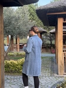 Gömlek yaka Uzun kot ceket mavi