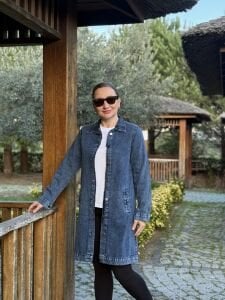 Gömlek yaka Uzun kot ceket Koyu mavi