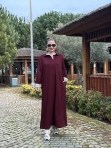 Gömlek yaka tasarım Oysho elbise Bordo