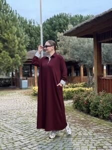 Gömlek yaka tasarım Oysho elbise Bordo