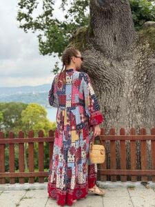 Polo Patchwork Viskon elbise kırmızı-renkli