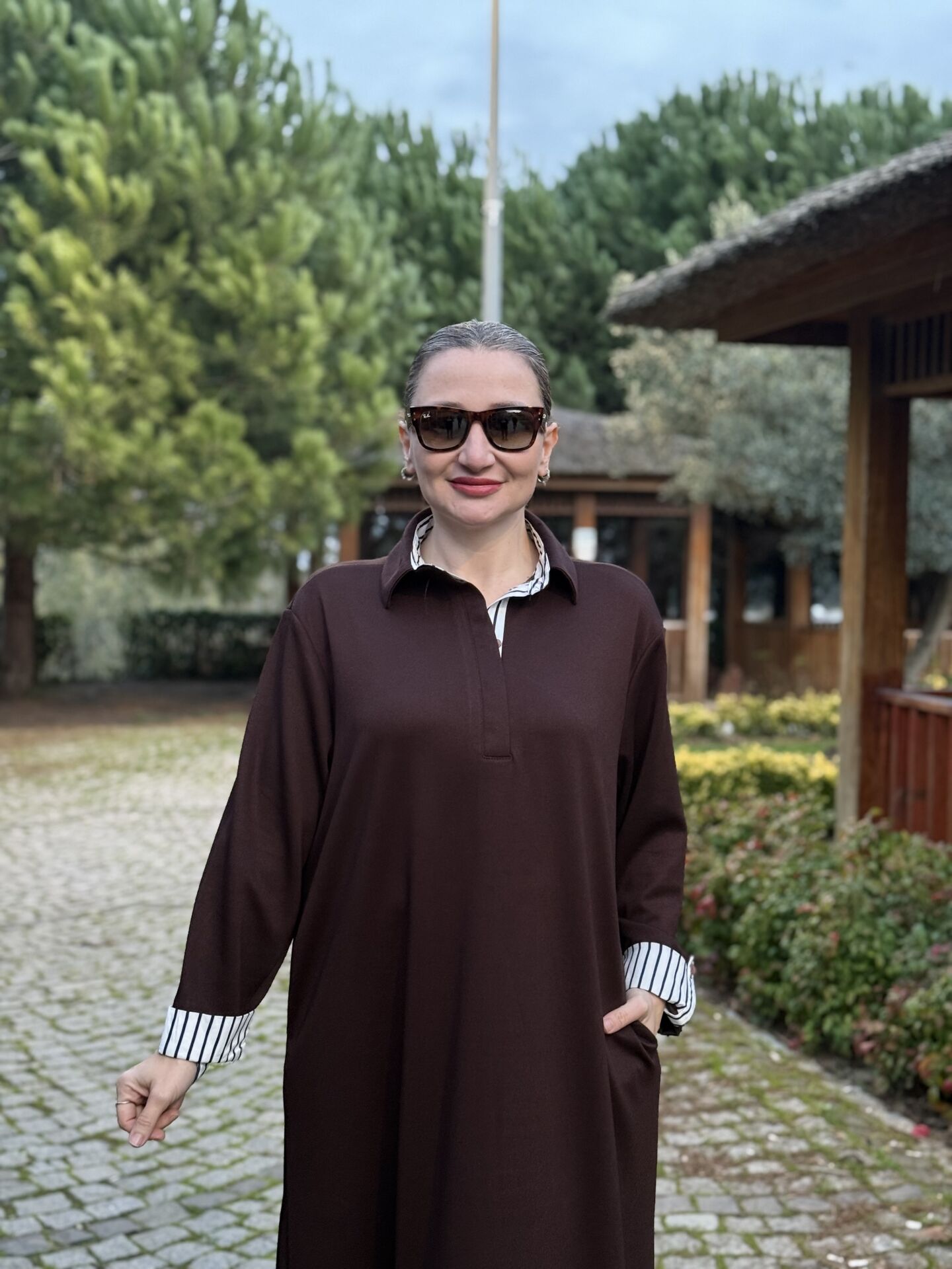 Gömlek yaka tasarım Oysho elbise Kahve