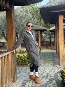 Kapüşonlu Kot Trenç-uzun ceket Gri