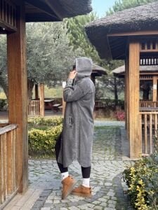 Kapüşonlu Kot Trenç-uzun ceket Gri