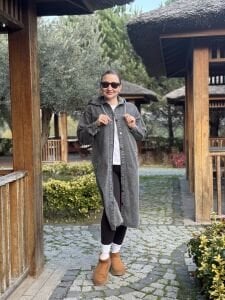 Kapüşonlu Kot Trenç-uzun ceket Gri