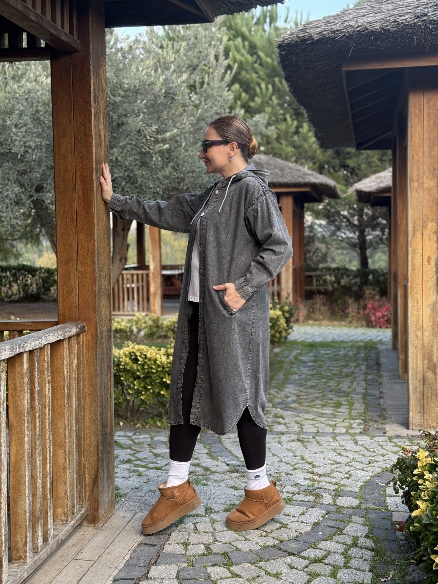 Kapüşonlu Kot Trenç-uzun ceket Gri