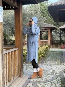 Kapüşonlu Kot Trenç-uzun ceket Mavi