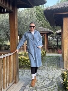 Kapüşonlu Kot Trenç-uzun ceket Mavi