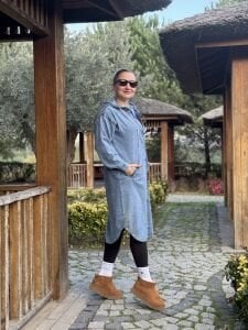 Kapüşonlu Kot Trenç-uzun ceket Mavi