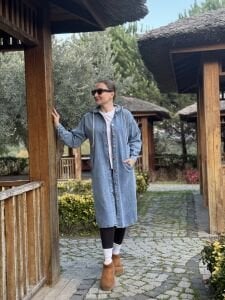 Kapüşonlu Kot Trenç-uzun ceket Mavi