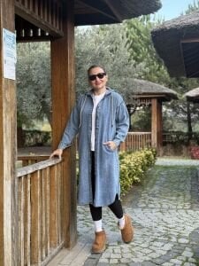 Kapüşonlu Kot Trenç-uzun ceket Mavi