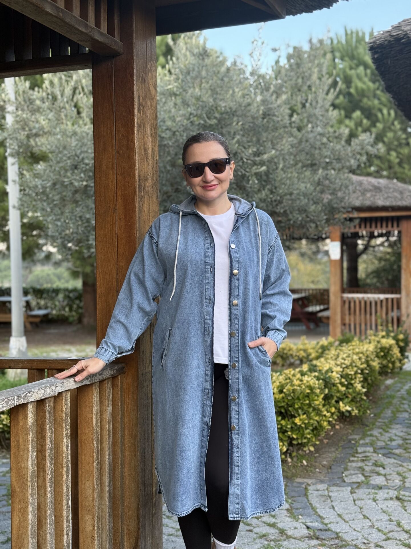 Kapüşonlu Kot Trenç-uzun ceket Mavi