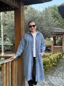 Kapüşonlu Kot Trenç-uzun ceket Mavi