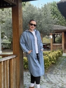 Kapüşonlu Kot Trenç-uzun ceket Mavi