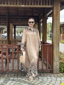 Viskon Kemerli gömlek elbise Bej