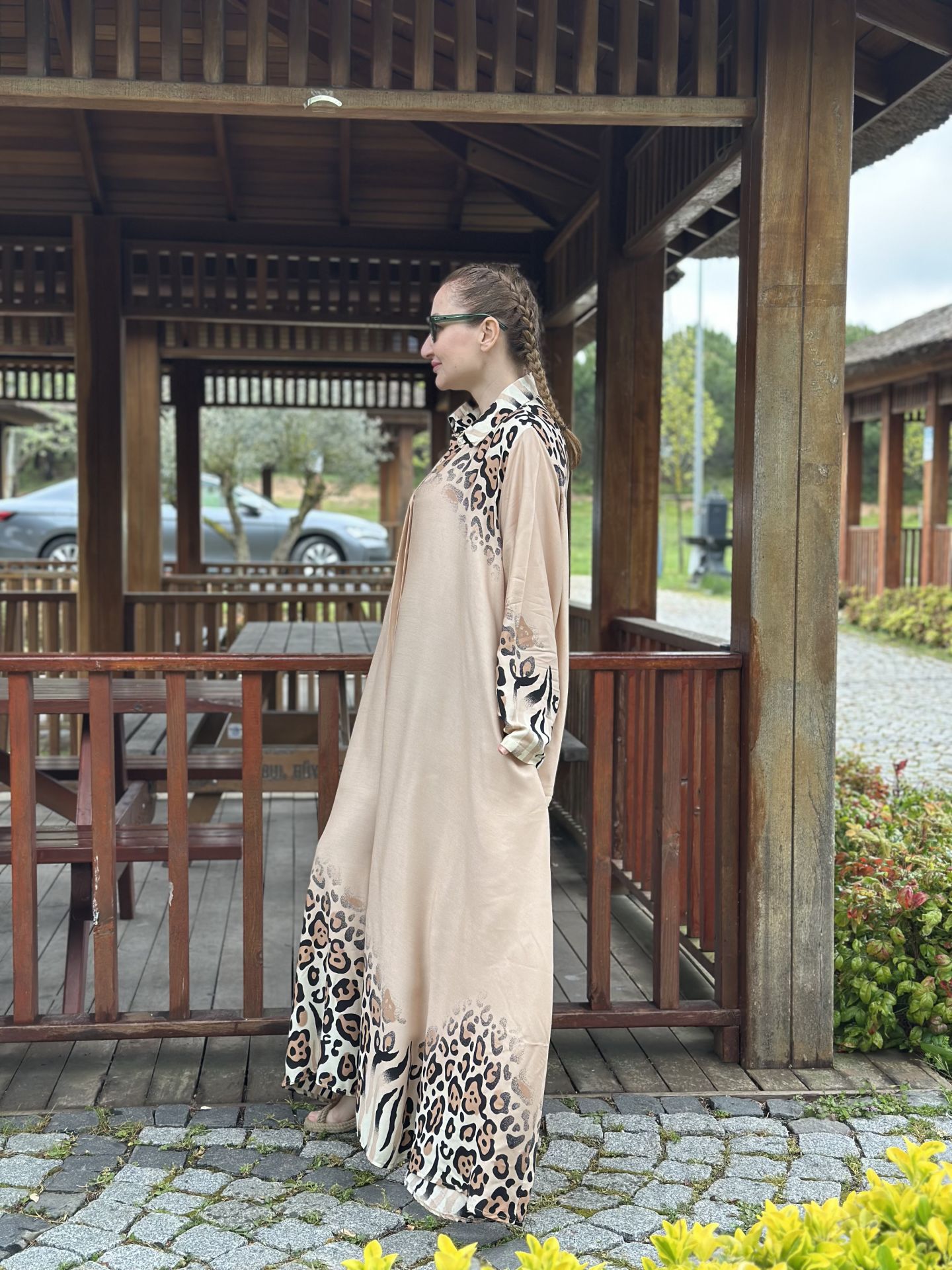 Viskon Kemerli gömlek elbise Bej