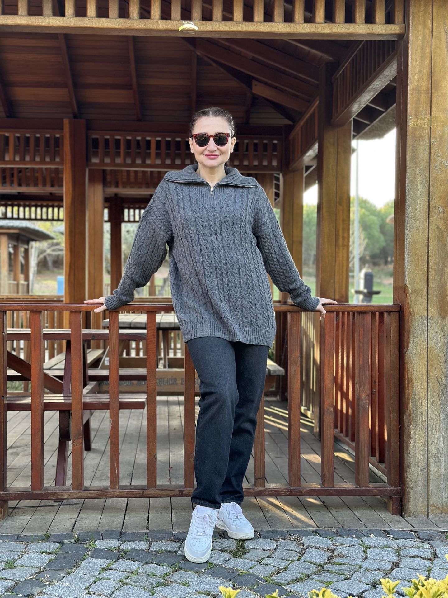 Fermuarlı uzun Saç Örgü  kazak füme