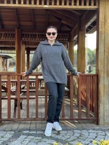 Fermuarlı uzun Saç Örgü  kazak füme