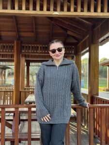 Fermuarlı uzun Saç Örgü  kazak füme