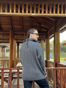 Fermuarlı uzun Saç Örgü  kazak füme