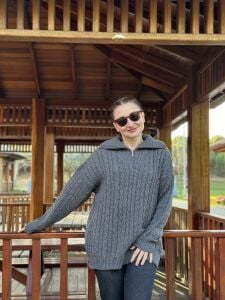 Fermuarlı uzun Saç Örgü  kazak füme