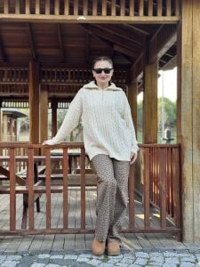 Fermuarlı uzun Saç Örgü  kazak Krem