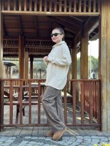 Fermuarlı uzun Saç Örgü  kazak Krem