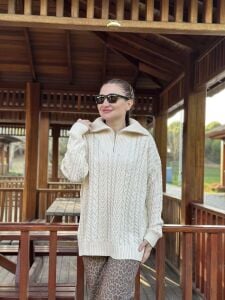 Fermuarlı uzun Saç Örgü  kazak Krem