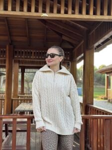 Fermuarlı uzun Saç Örgü  kazak Krem