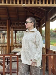 Fermuarlı uzun Saç Örgü  kazak Krem