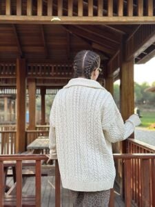 Fermuarlı uzun Saç Örgü  kazak Krem